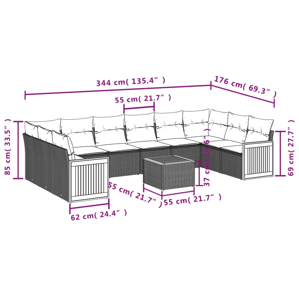 vidaXL 11-delige Loungeset met kussens poly rattan zwart