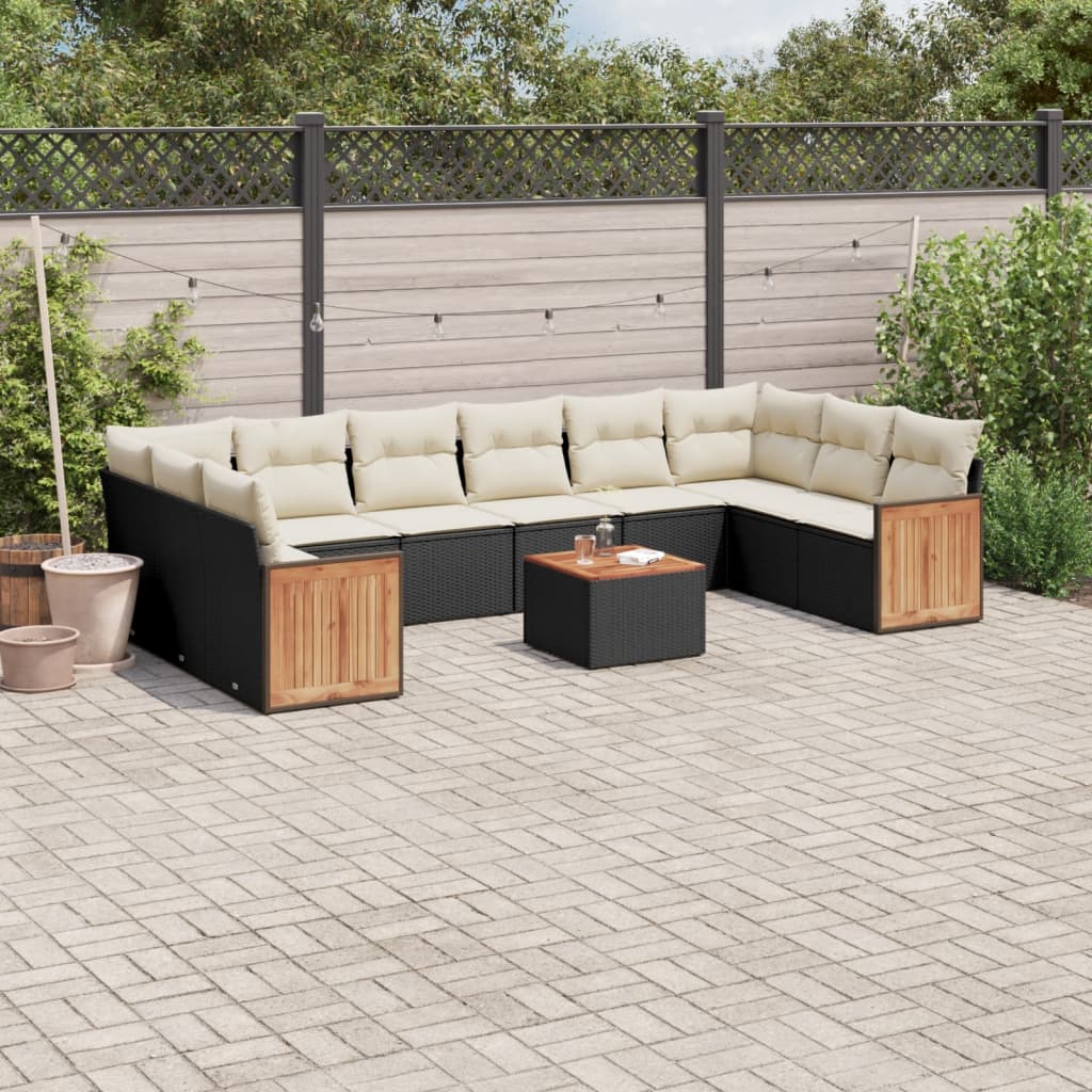 vidaXL 11-tlg. Garten-Sofagarnitur mit Kissen Schwarz Poly Rattan