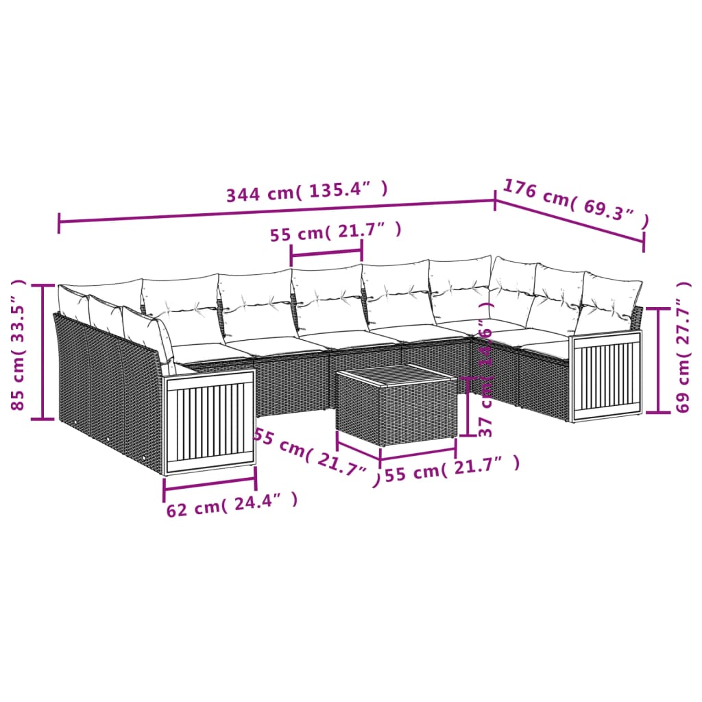 vidaXL 11-delige Tuinset met kussens poly rattan beige