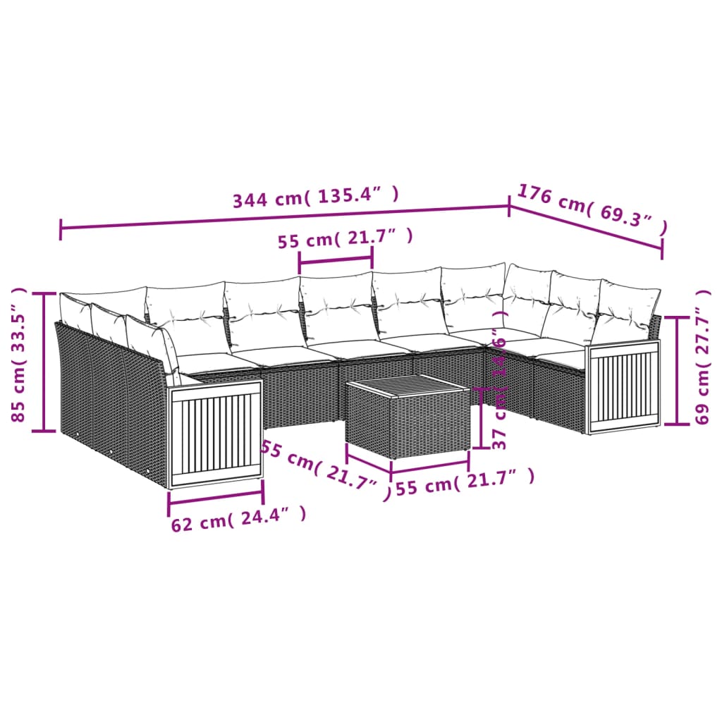 Set canapele de grădină cu perne, 11 piese, bej, poliratan 3260414 - imagine 3