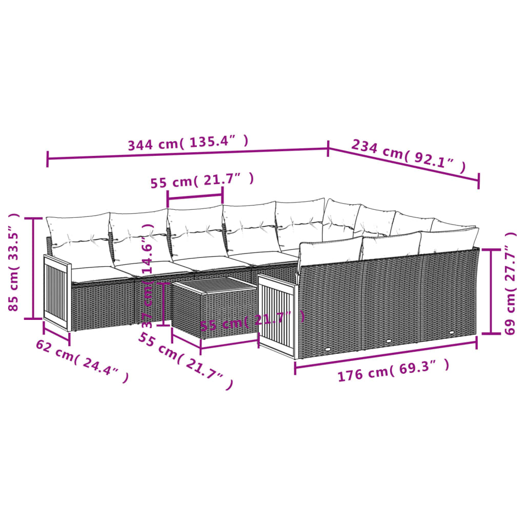 vidaXL 11-delige Tuinset met kussens poly rattan beige