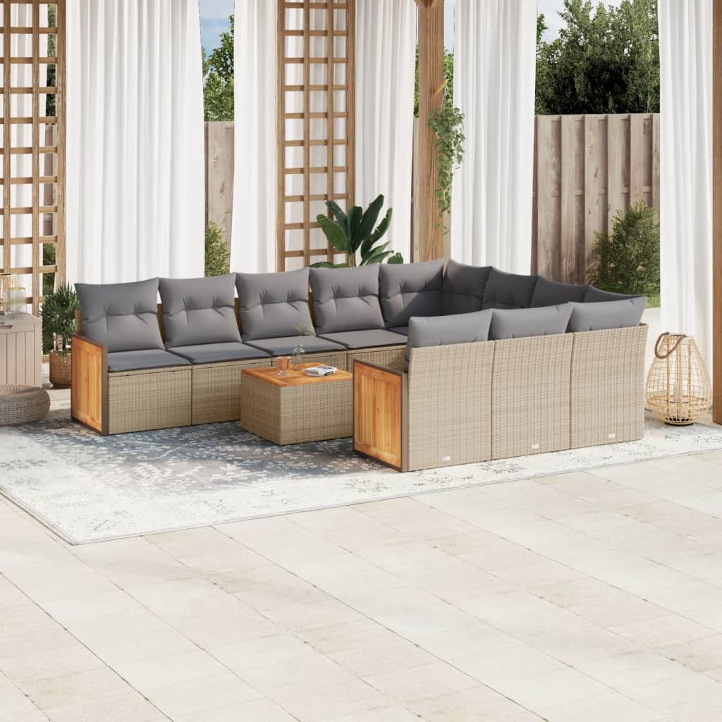 vidaXL 11-tlg. Garten-Sofagarnitur mit Kissen Beige Poly Rattan