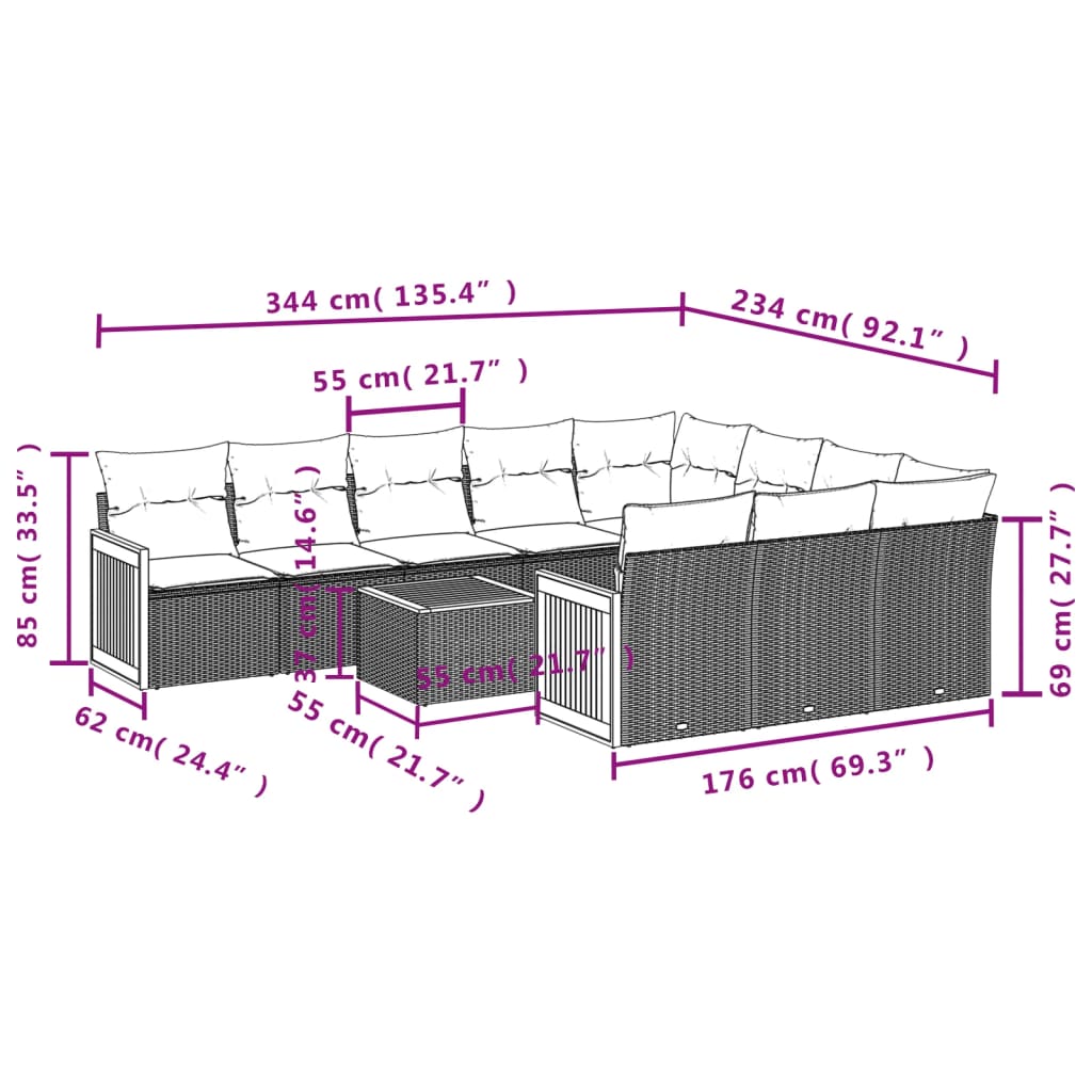 Set canapele de grădină cu perne, 11 piese, gri, poliratan 3260429 - imagine 3