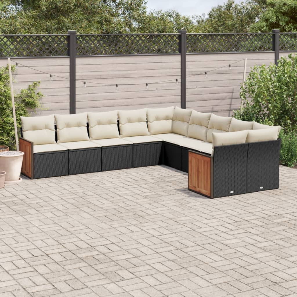 vidaXL 10-tlg. Garten-Sofagarnitur mit Kissen Schwarz Poly Rattan