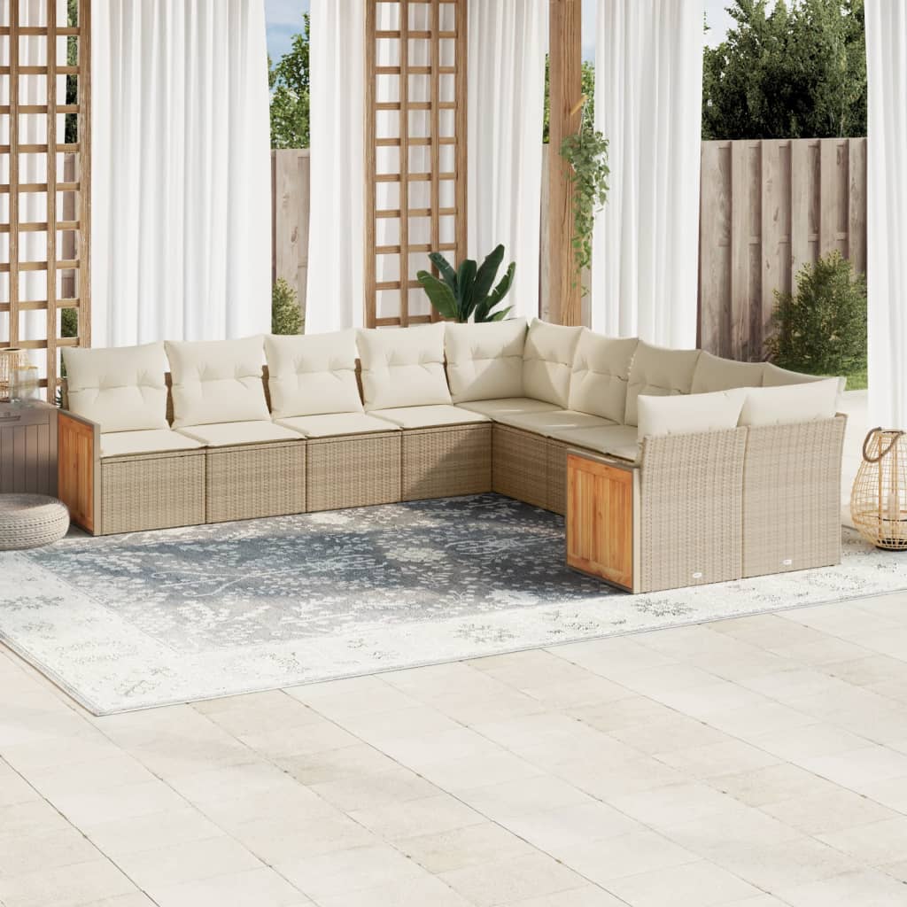 vidaXL 10-tlg. Garten-Sofagarnitur mit Kissen Beige Poly Rattan