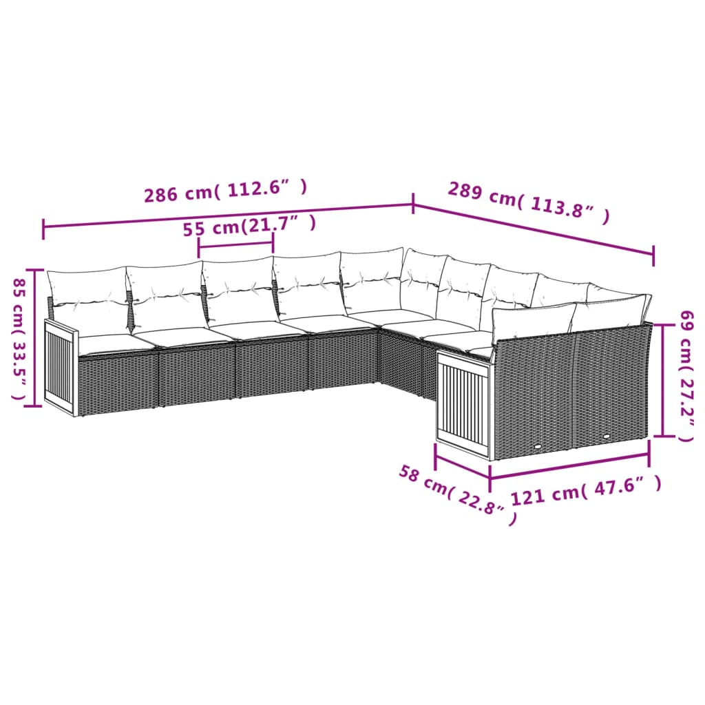 Set canapele de grădină cu perne, 10 piese, bej, poliratan 3260435 - imagine 3