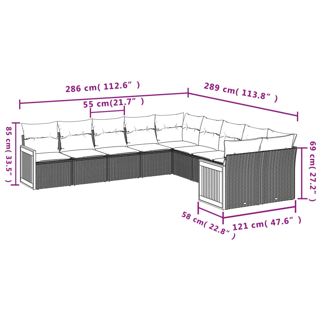 Set mobilier de grădină cu perne, 10 piese, gri, poliratan 3260436 - imagine 3