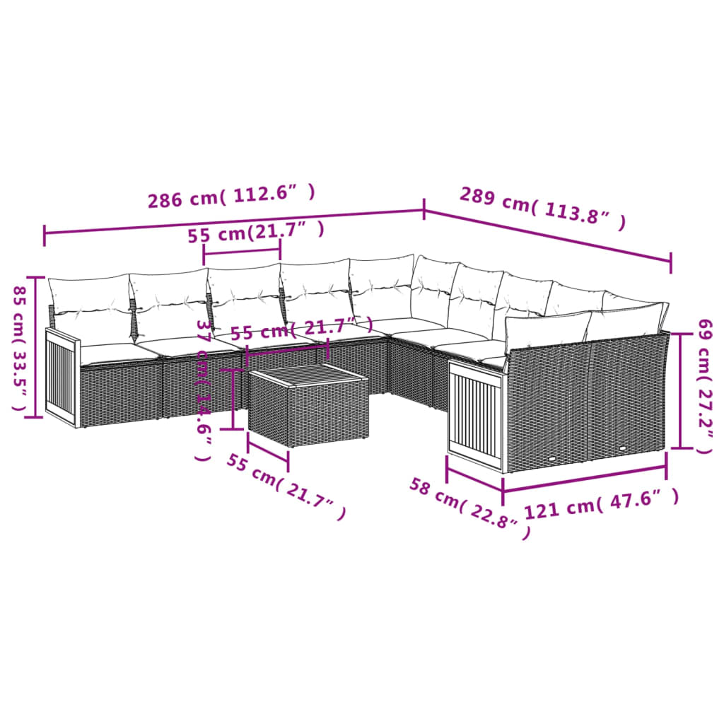 Set canapele de grădină cu perne, 11 piese, negru, poliratan 3260439 - imagine 3