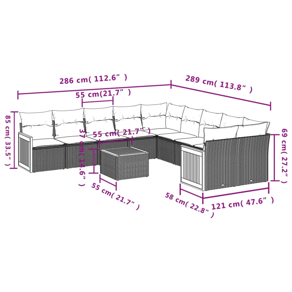 vidaXL 11-delige Tuinset met kussens poly rattan beige