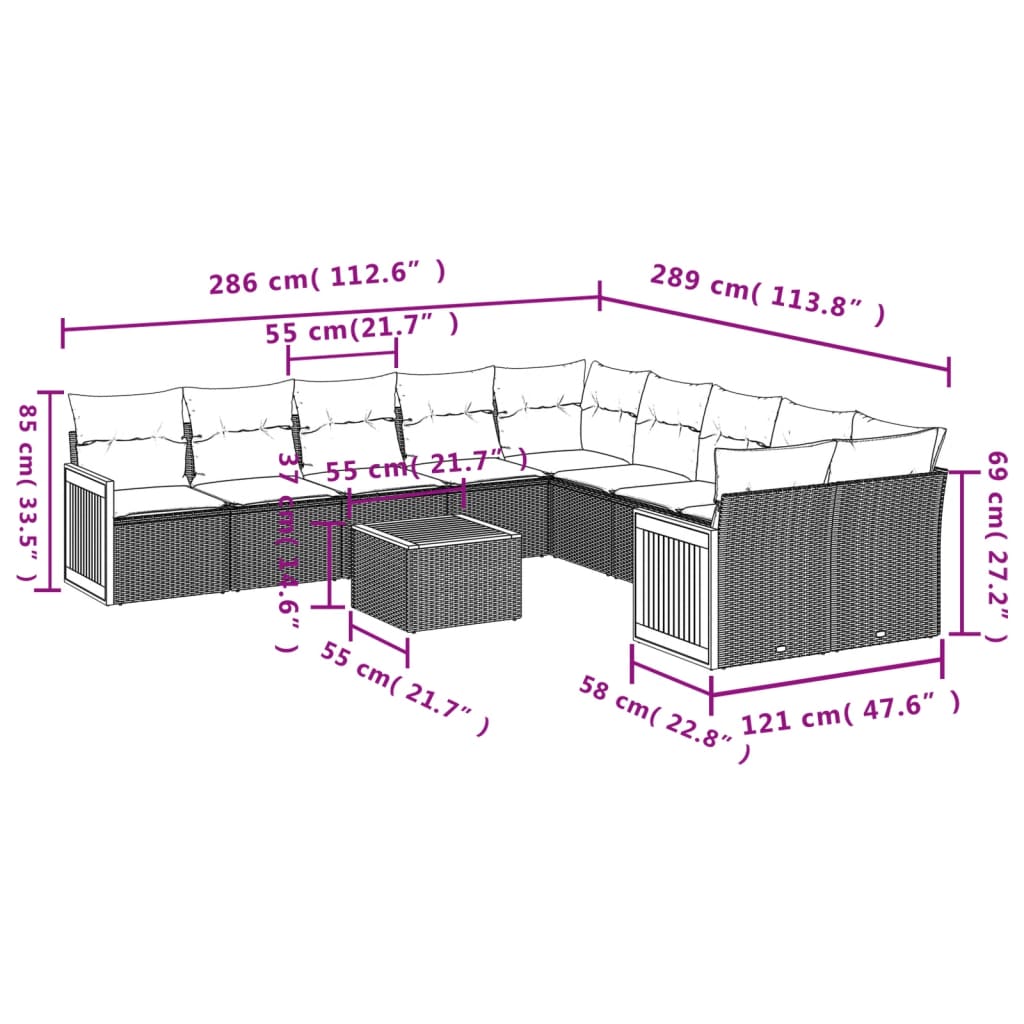 Set canapele de grădină cu perne, 11 piese, bej, poliratan 3260442 - imagine 3