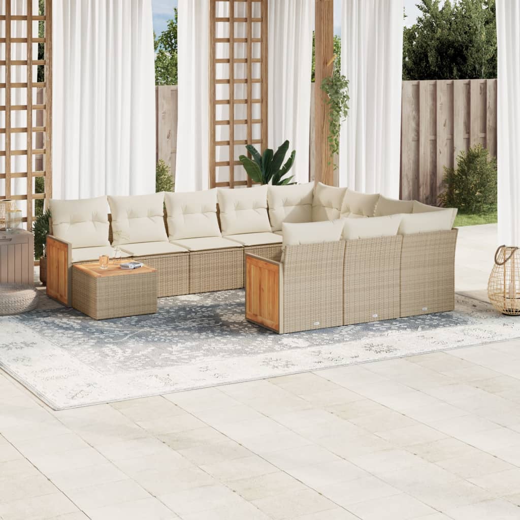 vidaXL 11-tlg. Garten-Sofagarnitur mit Kissen Beige Poly Rattan