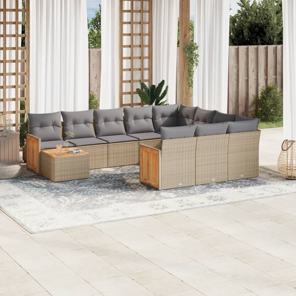 vidaXL 11-tlg. Garten-Sofagarnitur mit Kissen Beige Poly Rattan