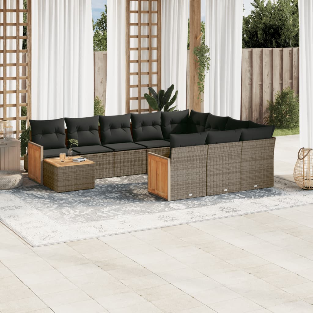 11-tlg. Garten-Sofagarnitur mit Kissen Grau Poly Rattan