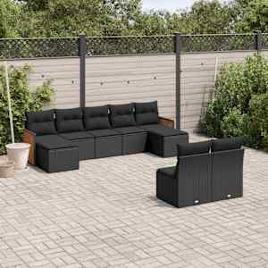 Vrtna sedežna garnitura 9-delna z blazinami črn poli ratan