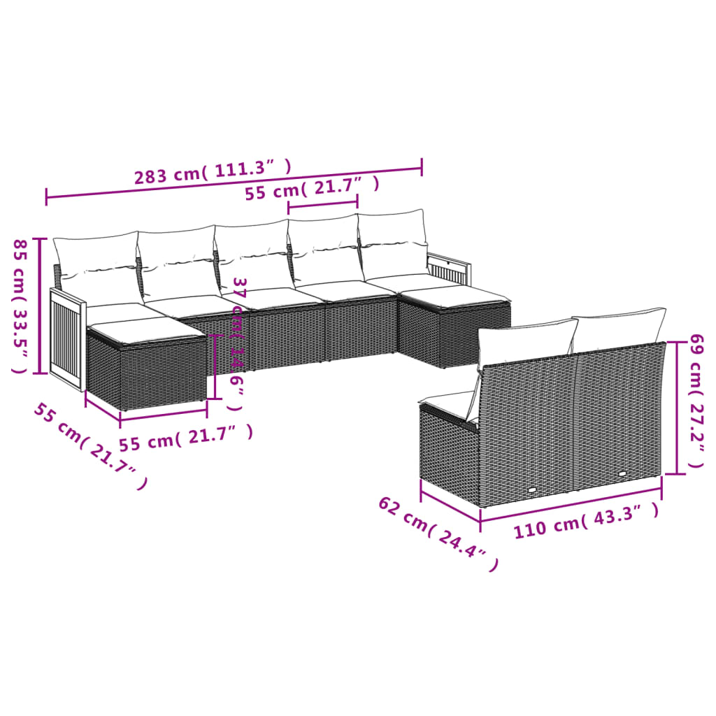 vidaXL 9-delige Loungeset met kussens poly rattan grijs afbeelding