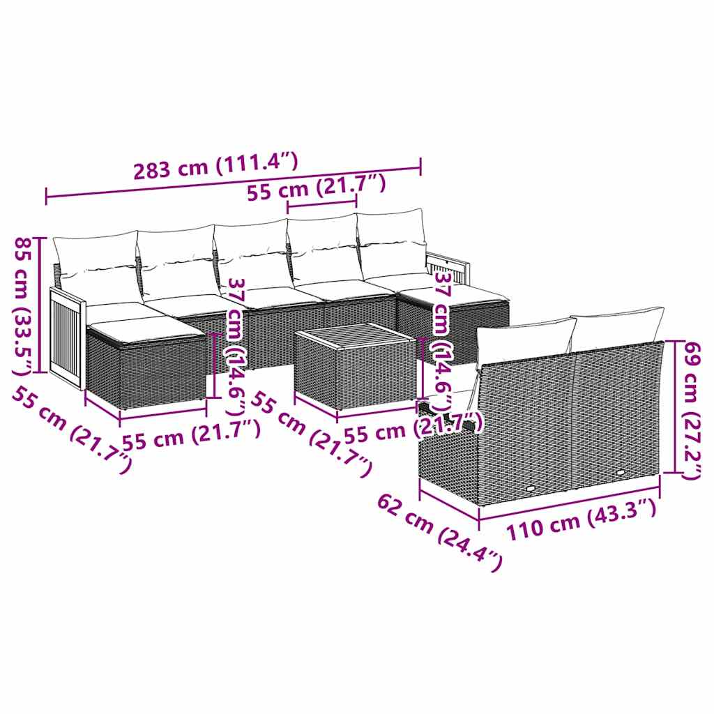 Set canapele de grădină cu perne, 10 piese, negru, poliratan 3260460 - imagine 3