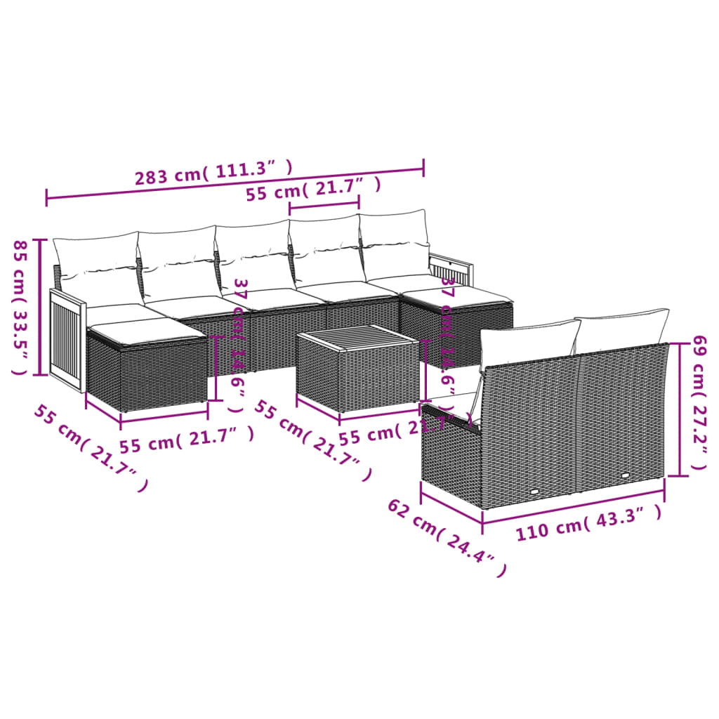 vidaXL 10-delige Loungeset met kussens poly rattan grijs afbeelding