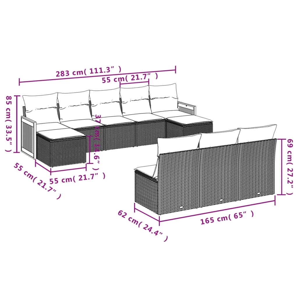 Set canapele de grădină cu perne, 10 piese, negru, poliratan 3260467 - imagine 3