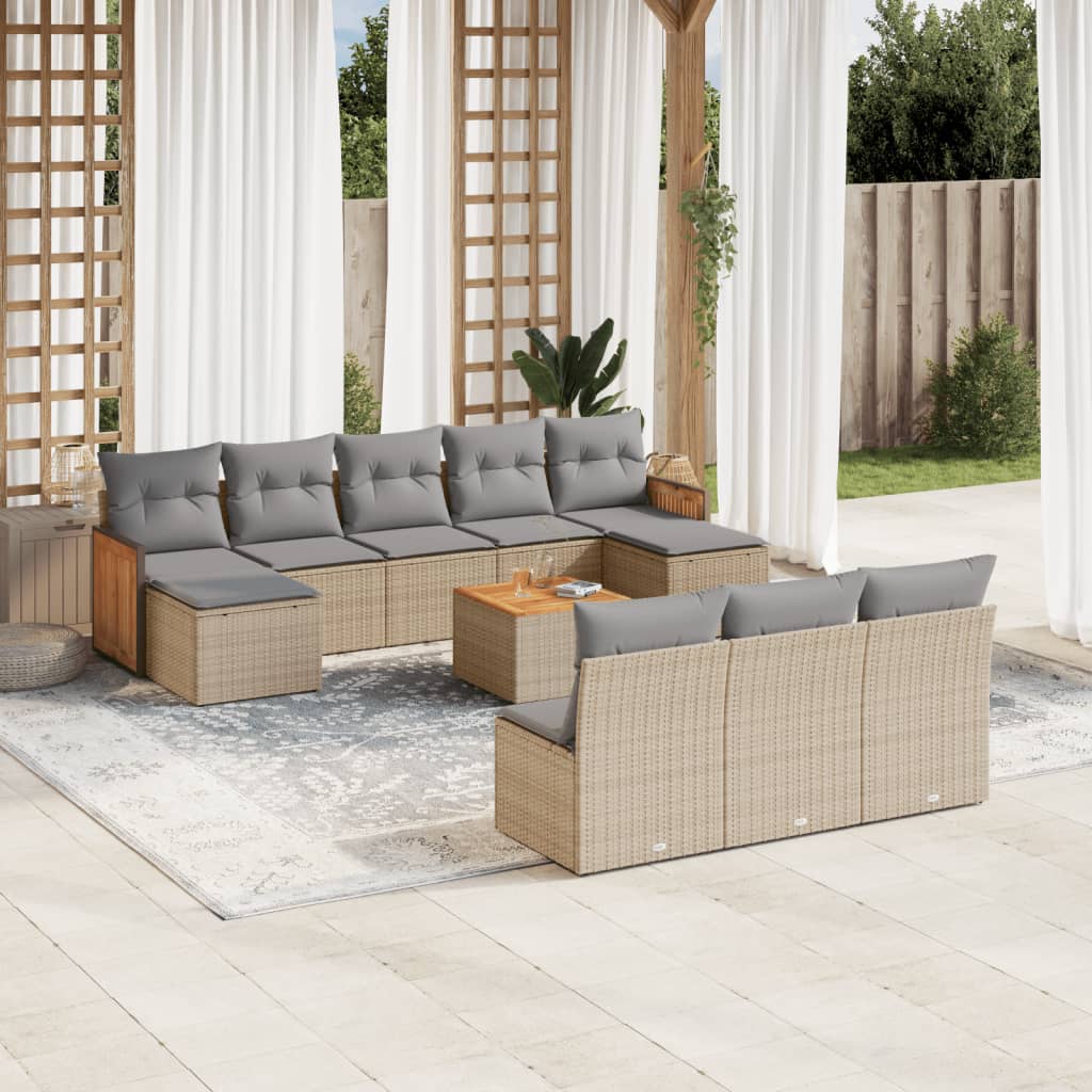 vidaXL 11-tlg. Garten-Sofagarnitur mit Kissen Beige Poly Rattan