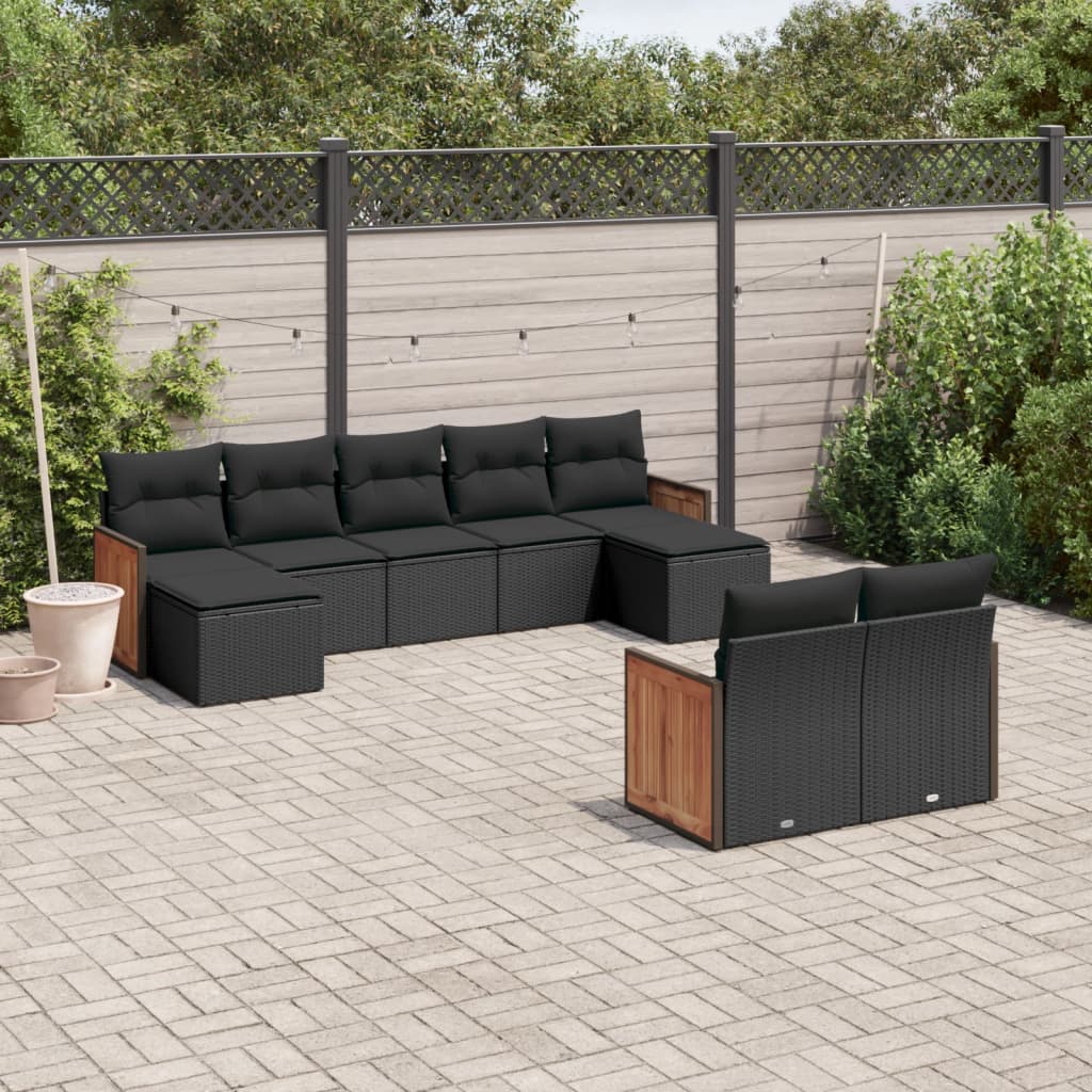 vidaXL 9-tlg. Garten-Sofagarnitur mit Kissen Schwarz Poly Rattan