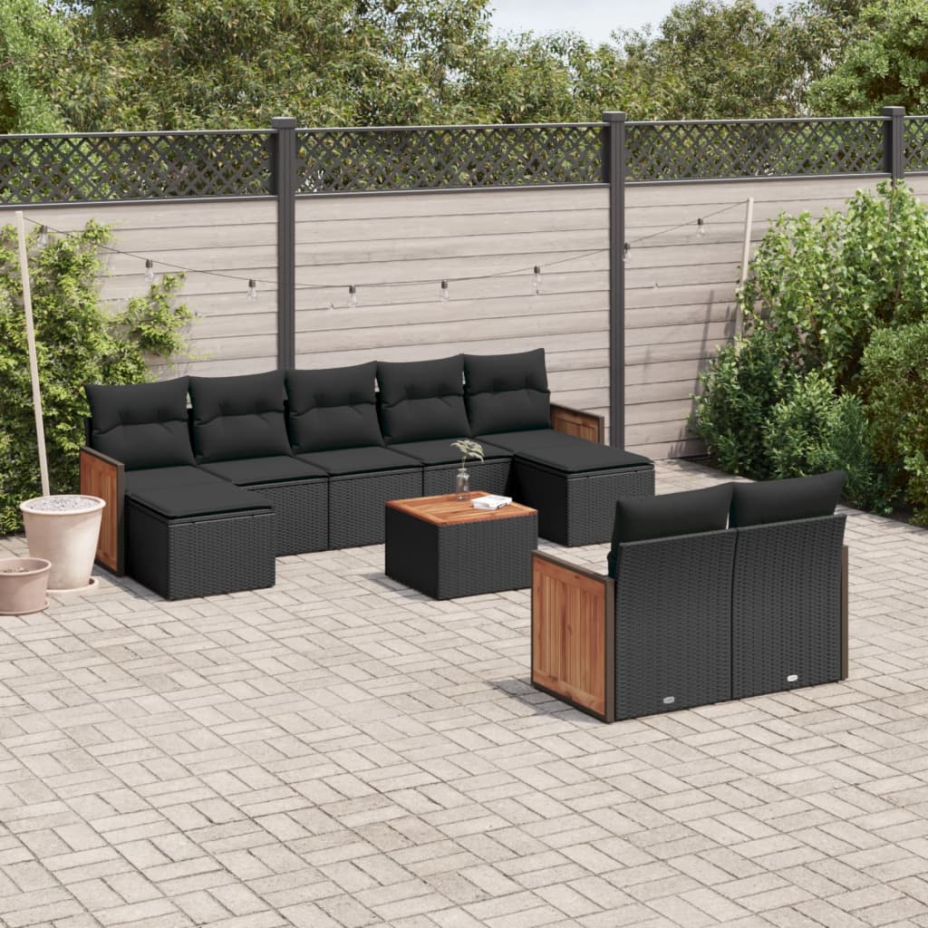 vidaXL 10-tlg. Garten-Sofagarnitur mit Kissen Schwarz Poly Rattan