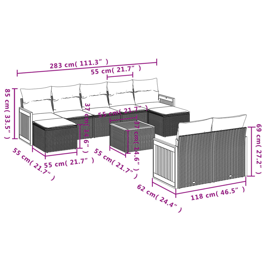 Set mobilier de grădină cu perne, 10 piese, gri, poliratan 3260492 - imagine 3