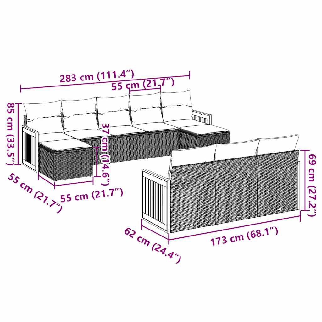 vidaXL 10-delige Loungeset met kussens poly rattan zwart afbeelding