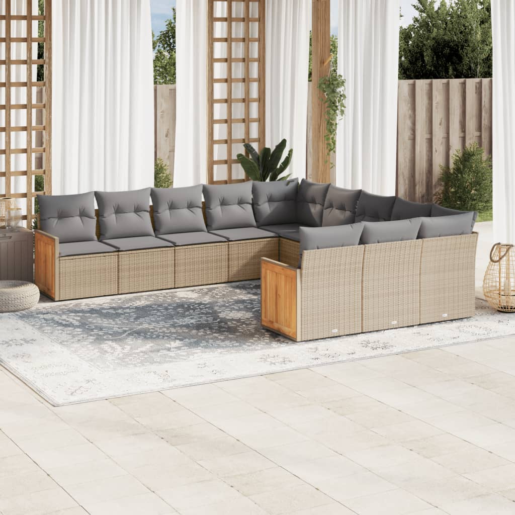 vidaXL 11-tlg. Garten-Sofagarnitur mit Kissen Beige Poly Rattan