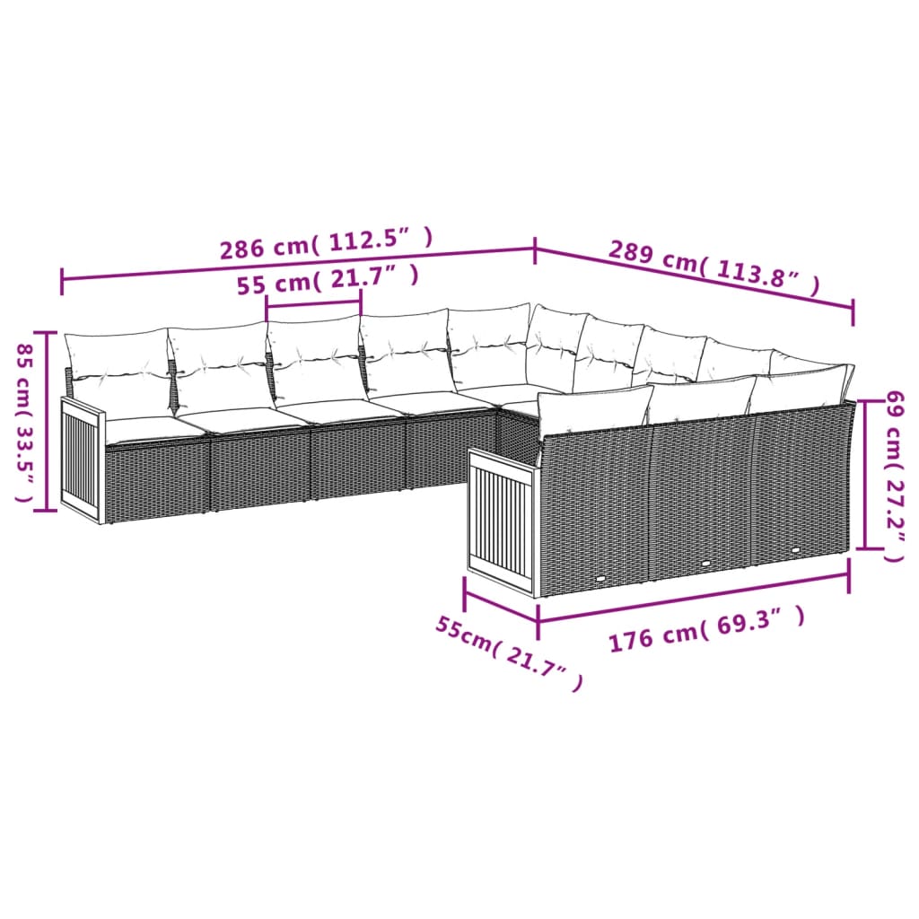 Set canapele de grădină cu perne, 11 piese, gri, poliratan 3260513 - imagine 3