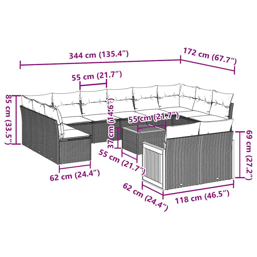 Set mobilier de grădină cu perne, 13 piese, negru, poliratan 3260530 - imagine 3
