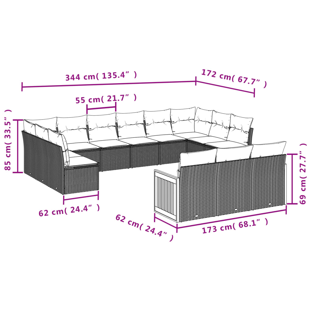 Set mobilier de grădină cu perne, 13 piese, negru, poliratan 3260537 - imagine 3