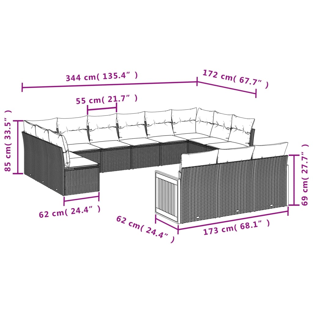 vidaXL 13-delige Loungeset met kussens poly rattan grijs afbeelding