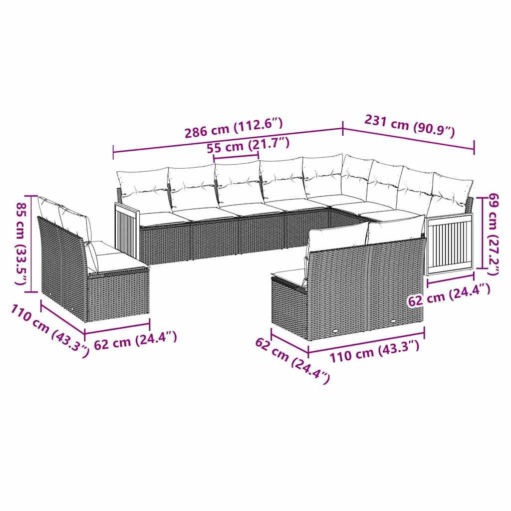 Set canapele de grădină, 12 piese, cu perne, negru, poliratan 3260551 - imagine 3