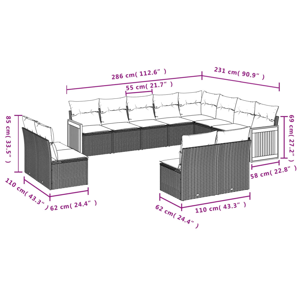 Set canapea de grădină cu perne, 12 piese, gri, poliratan 3260555 - imagine 3
