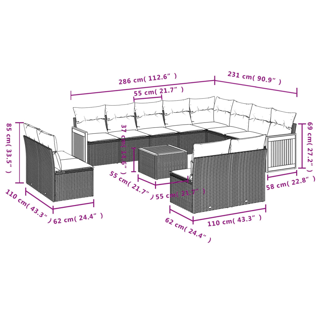 Set mobilier de grădină cu perne, 13 piese, negru, poliratan 3260558 - imagine 3