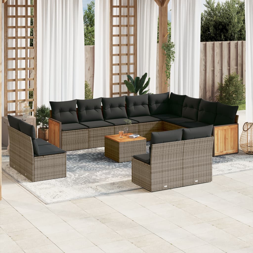 13-tlg. Garten-Sofagarnitur mit Kissen Grau Poly Rattan