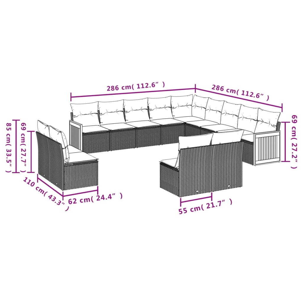 vidaXL 13-delige Loungeset met kussens poly rattan zwart afbeelding