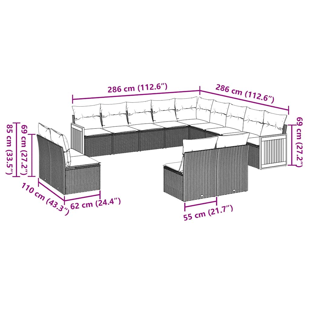 Set mobilier de grădină cu perne, 13 piese, negru, poliratan 3260565 - imagine 3