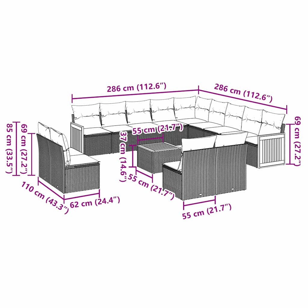 vidaXL 14-delige Loungeset met kussens poly rattan zwart afbeelding