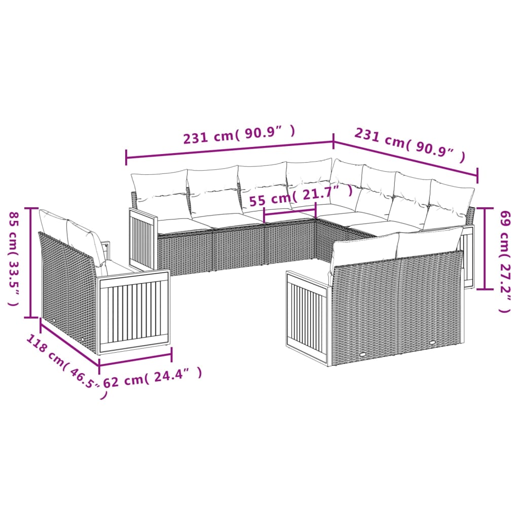 Set canapele de grădină cu perne, 11 piese, gri, poliratan 3260583 - imagine 3
