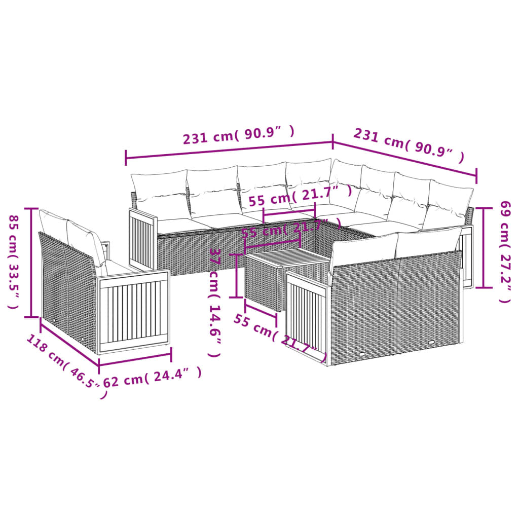 Set canapea de grădină cu perne, 12 piese, gri, poliratan 3260590 - imagine 3
