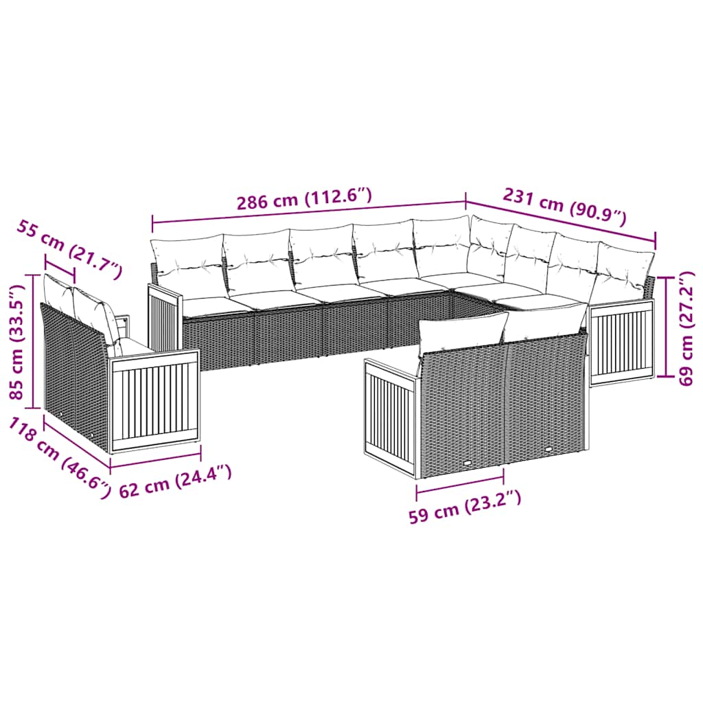 vidaXL 12-delige Loungeset met kussens poly rattan zwart afbeelding