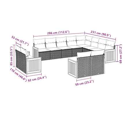 vidaXL Salon de jardin 12 pcs avec coussins noir r&eacute;sine tress&eacute;e