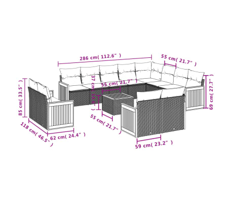 vidaXL 13-tlg. Garten-Sofagarnitur mit Kissen Schwarz Poly Rattan
