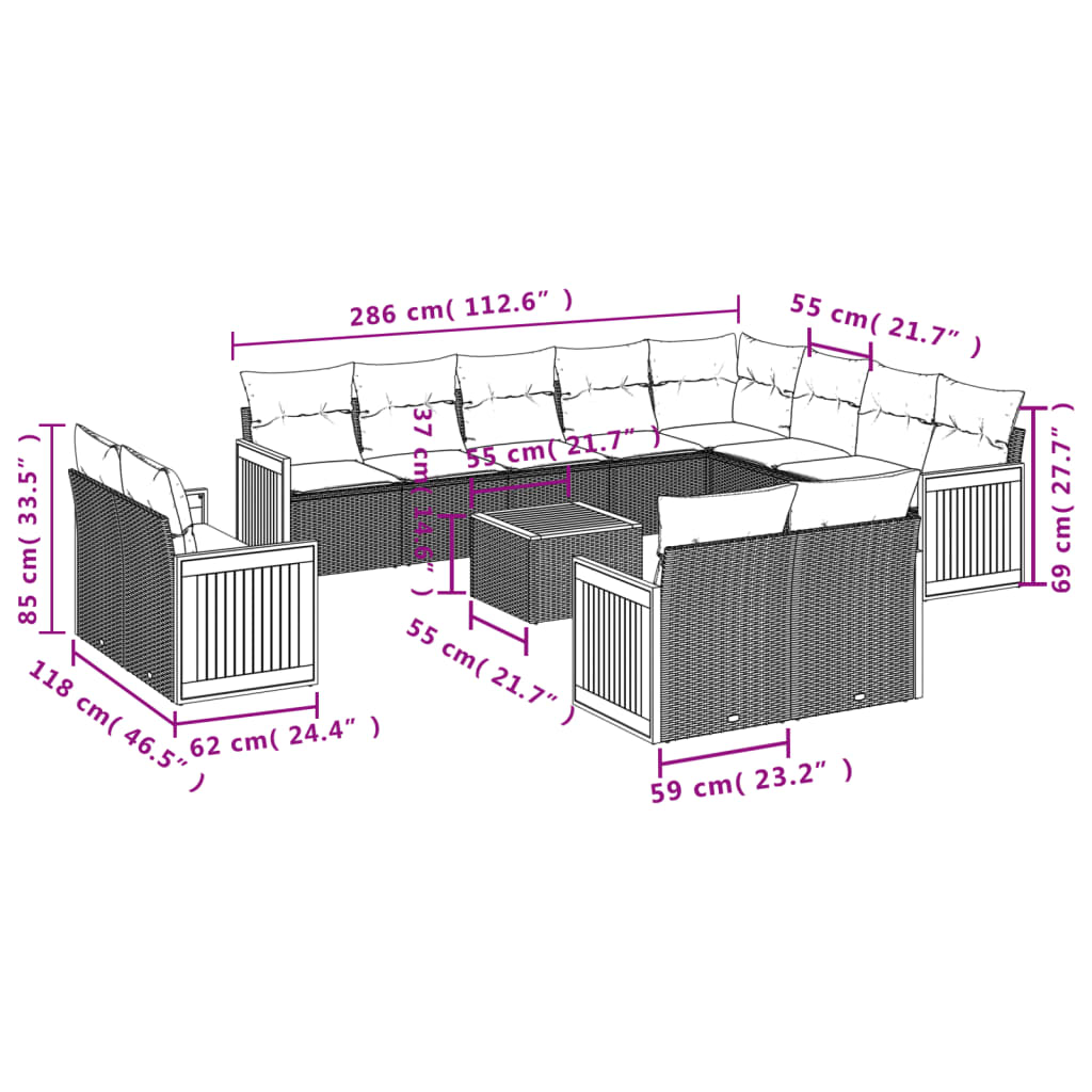 Set mobilier de grădină cu perne, 13 piese, gri, poliratan 3260604 - imagine 3