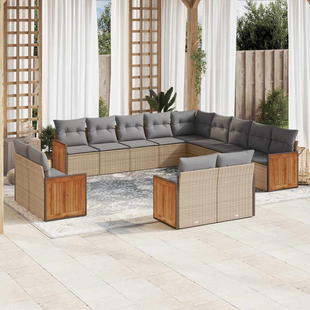 13-tlg. Garten-Sofagarnitur mit Kissen Beige Poly Rattan