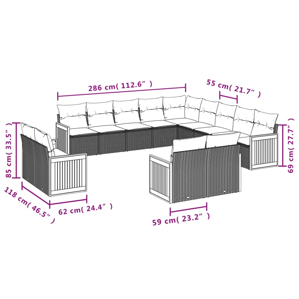 vidaXL 13-delige Loungeset met kussens poly rattan grijs afbeelding