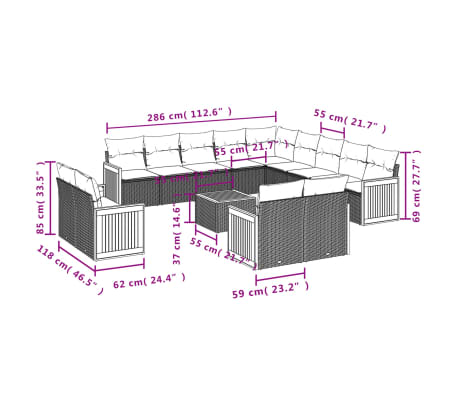 vidaXL 14-tlg. Garten-Sofagarnitur mit Kissen Schwarz Poly Rattan