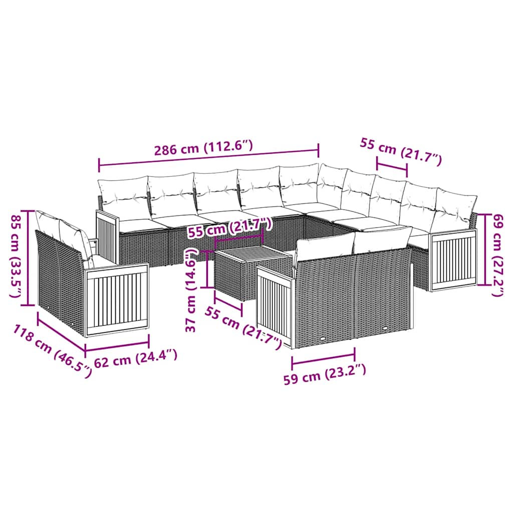 vidaXL 14-delige Loungeset met kussens poly rattan zwart afbeelding