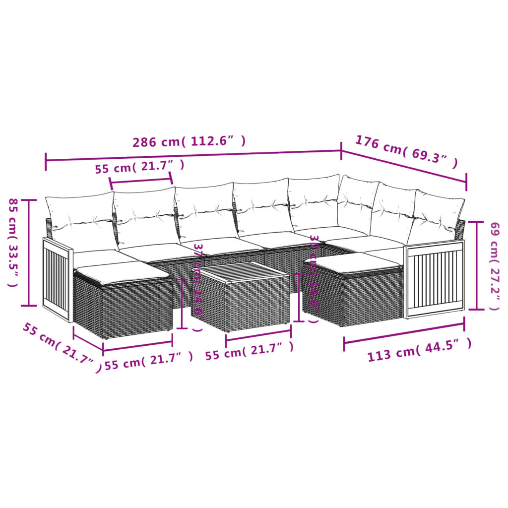 Set mobilier de grădină cu perne, 10 piese, gri, poliratan 3260632 - imagine 3